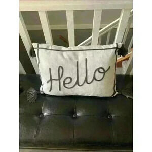 New White Linen Farmhouse Decorative Throw Pillow 12x18” - Gray “Hello”